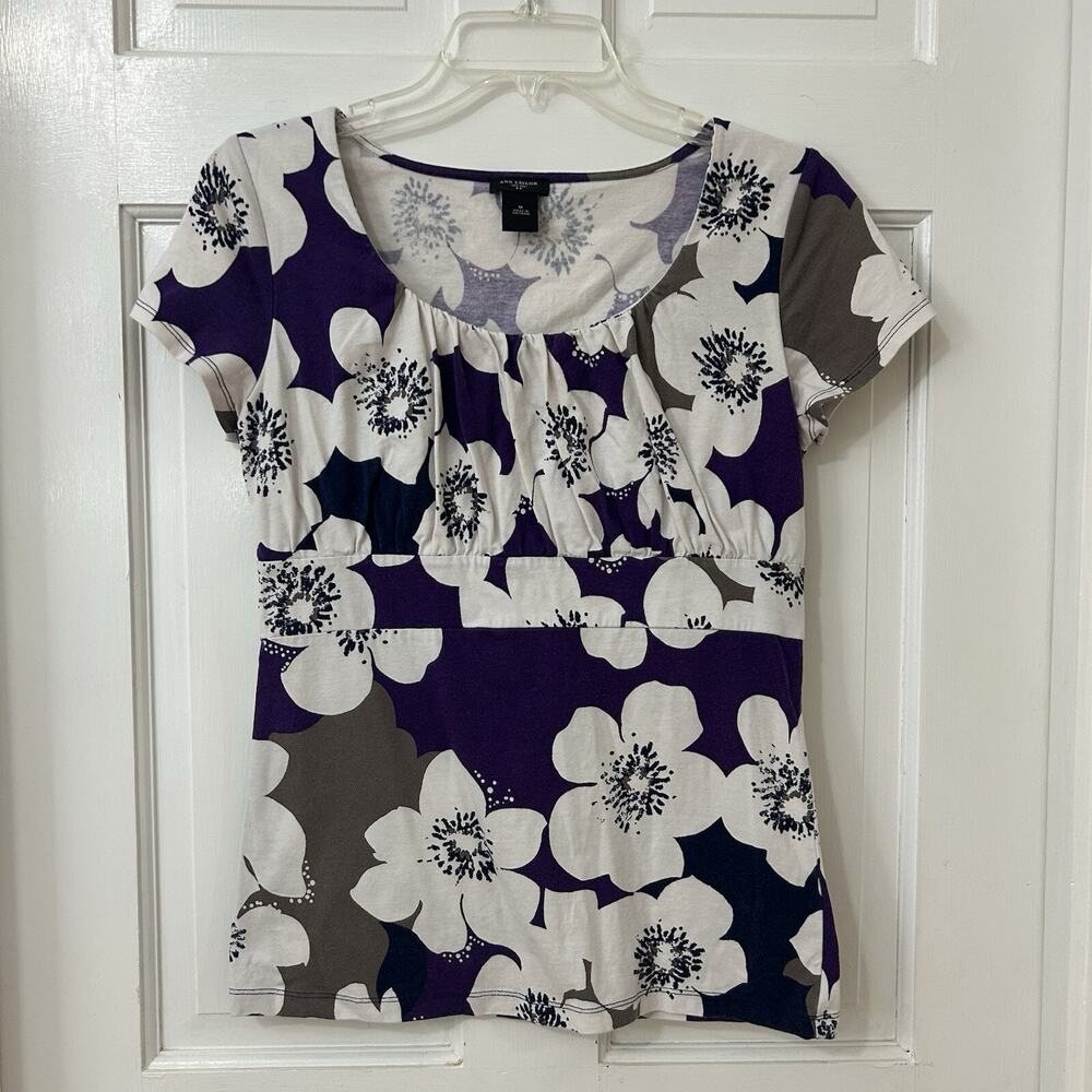 Ann Taylor Floral Knit Y2K Babydoll Top Sz M Cap Sleeve Purple, Navy, Cream